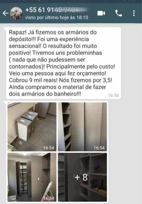 Print de depoimento de aluno do Curso Marcenaria 4.0 sobre economia ao fazer móveis planejados