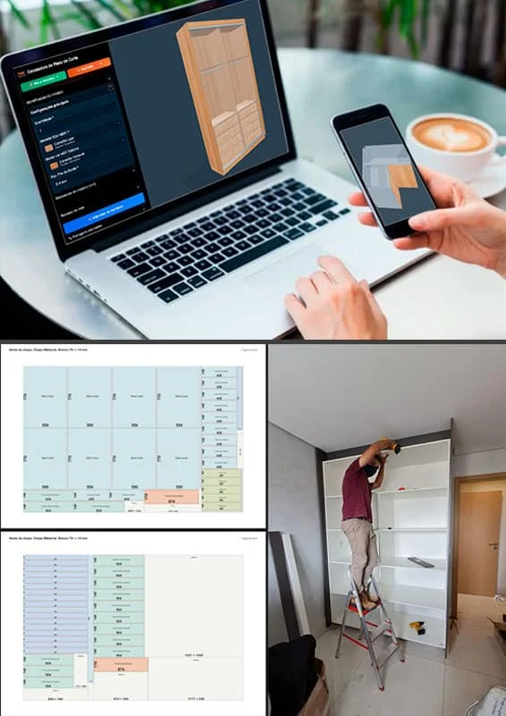 Calculadora de Móveis com projeto 3D, plano de corte e montagem em imagem vertical para celular